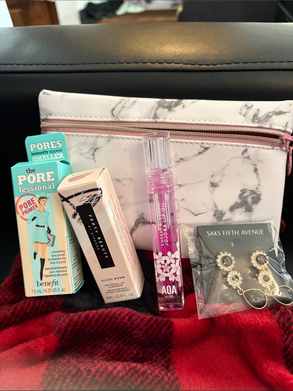 Makeup Bag Gift Set with Pink Lip Gloss and Beauty Essentials